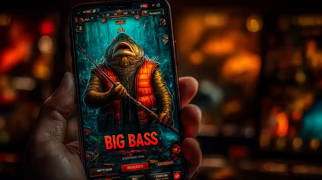 A close-up of a hand holding a smartphone showcasing a BIG BASS fishing game, featuring an anthropomorphic fish character, highlighting the engaging casual games on cd33.