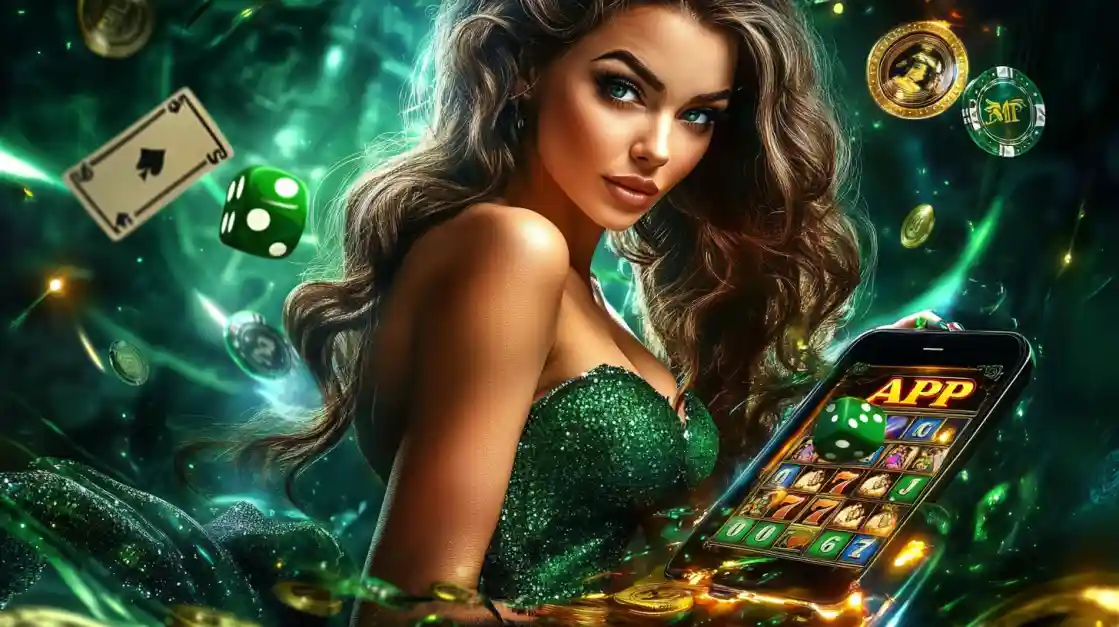 An enchanting woman with flowing hair, adorned in green, gazes captivatingly, surrounded by floating cards, dice, and coins, alongside a smartphone featuring the cd33 gaming app.