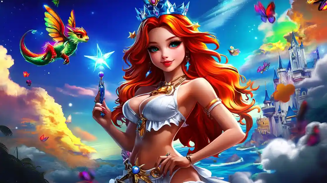 A vibrant fantasy scene featuring a beautiful princess with fiery red hair and a crown, holding a magic wand, with a small winged dragon and a fairytale castle in the background, embodying the magical world of cd33.