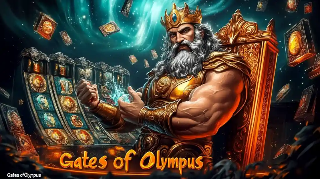 A majestic Zeus figure on a golden throne, surrounded by floating cards and a cd33 slot machine, with Gates of Olympus prominently displayed, inviting players to a mythical gaming experience.