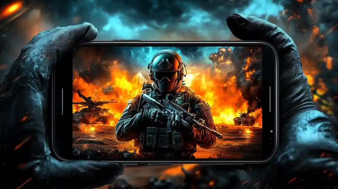 Hands holding a smartphone displaying an intense military shooter game with a soldier amidst explosions and tanks, showcasing the immersive action available on cd33.