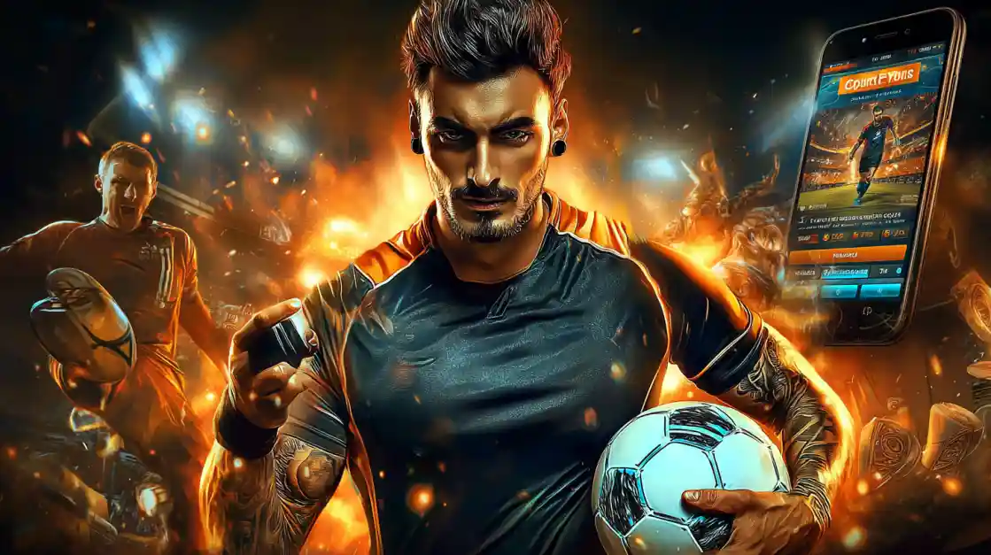 An intense male soccer player with tattoos holds a football, looking confidently at the camera with a cd33 sports betting app on a phone beside him, all set against a fiery action background.