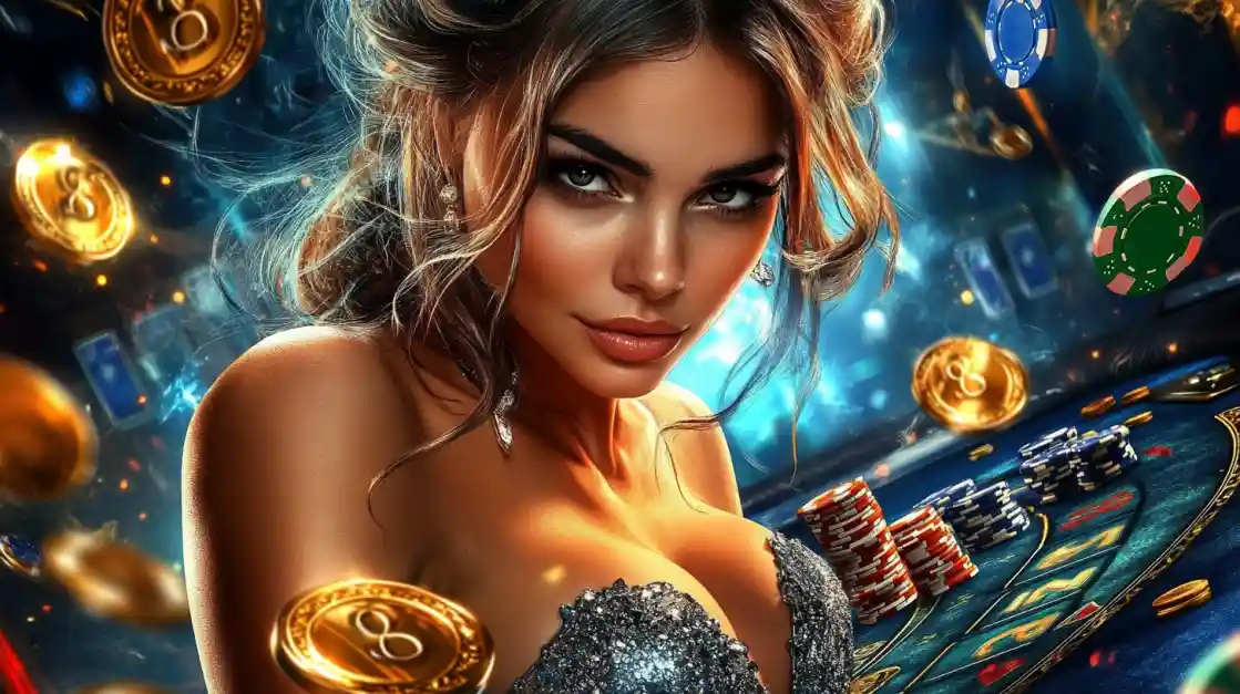 A beautiful woman in a glittering dress gives a captivating look while at a cd33 casino table, surrounded by floating gold coins, casino chips, and a roulette wheel.