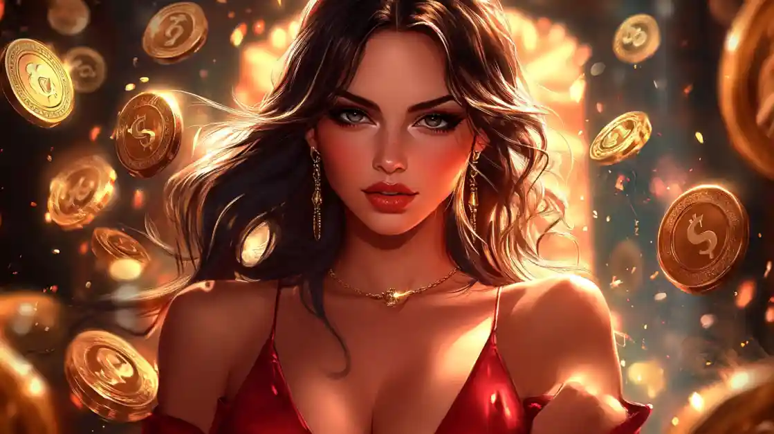 A stunning woman in a red dress, adorned with delicate jewelry, looks directly at the viewer as a shower of golden cd33 coins rains down around her, symbolizing big wins.
