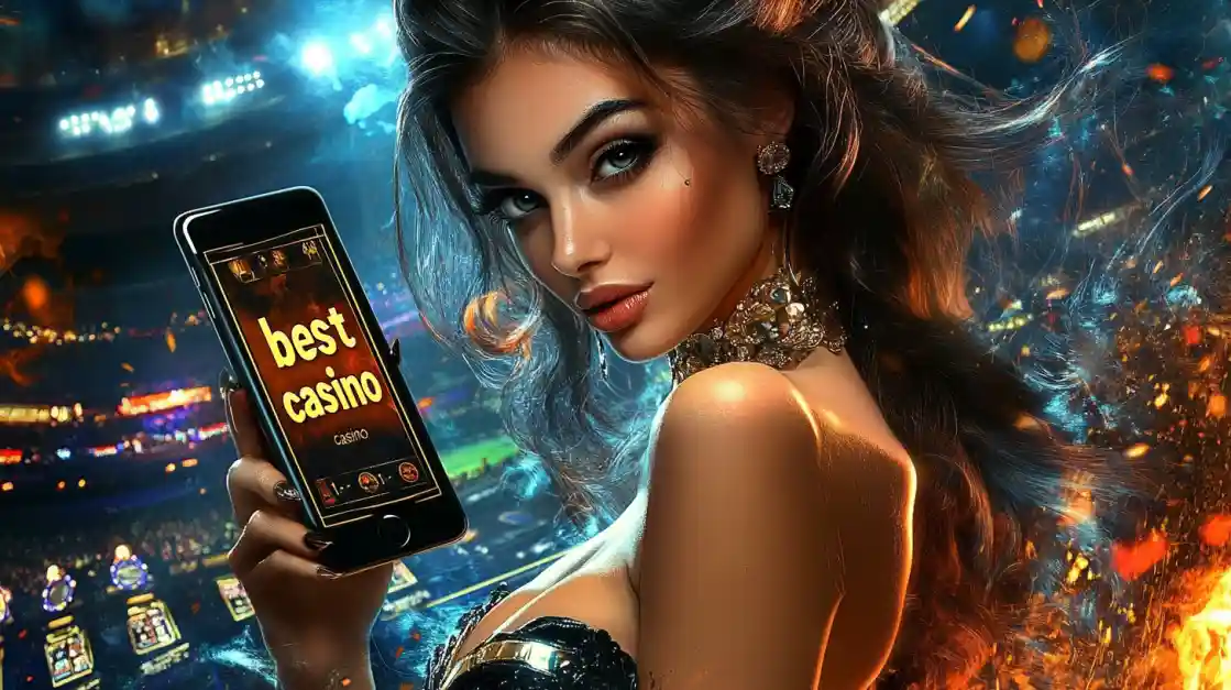 An alluring woman holds a smartphone with the best casino app from cd33 glowing on the screen, set against the backdrop of a brightly lit stadium and ambient flames.