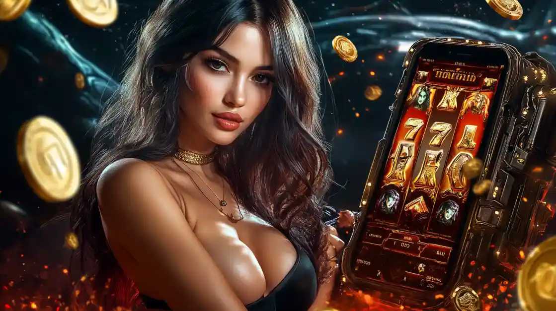 A beautiful woman in a black top looks confidently at the viewer while holding a smartphone displaying a cd33 mobile slot game with 777 symbols and golden coins.