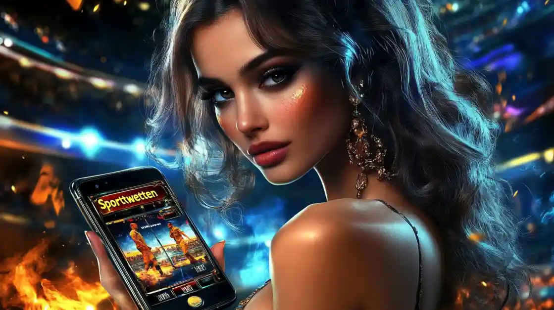 A glamorous woman with elegant makeup looks over her shoulder, holding a smartphone displaying the cd33 sports betting app against a vibrant stadium backdrop with fire effects.